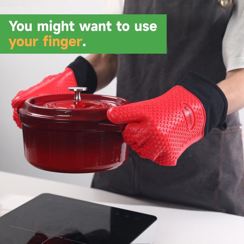 GEEKHOM BBQ Gloves Heat Resistant Oven Mitts - Silicone Grilling Gloves with 13.7" Arm Protection - Waterproof Pot Holder Non-Slip for Men & Women, Kitchen Outdoor Cooking, Baking, Camping, Red - Image 5